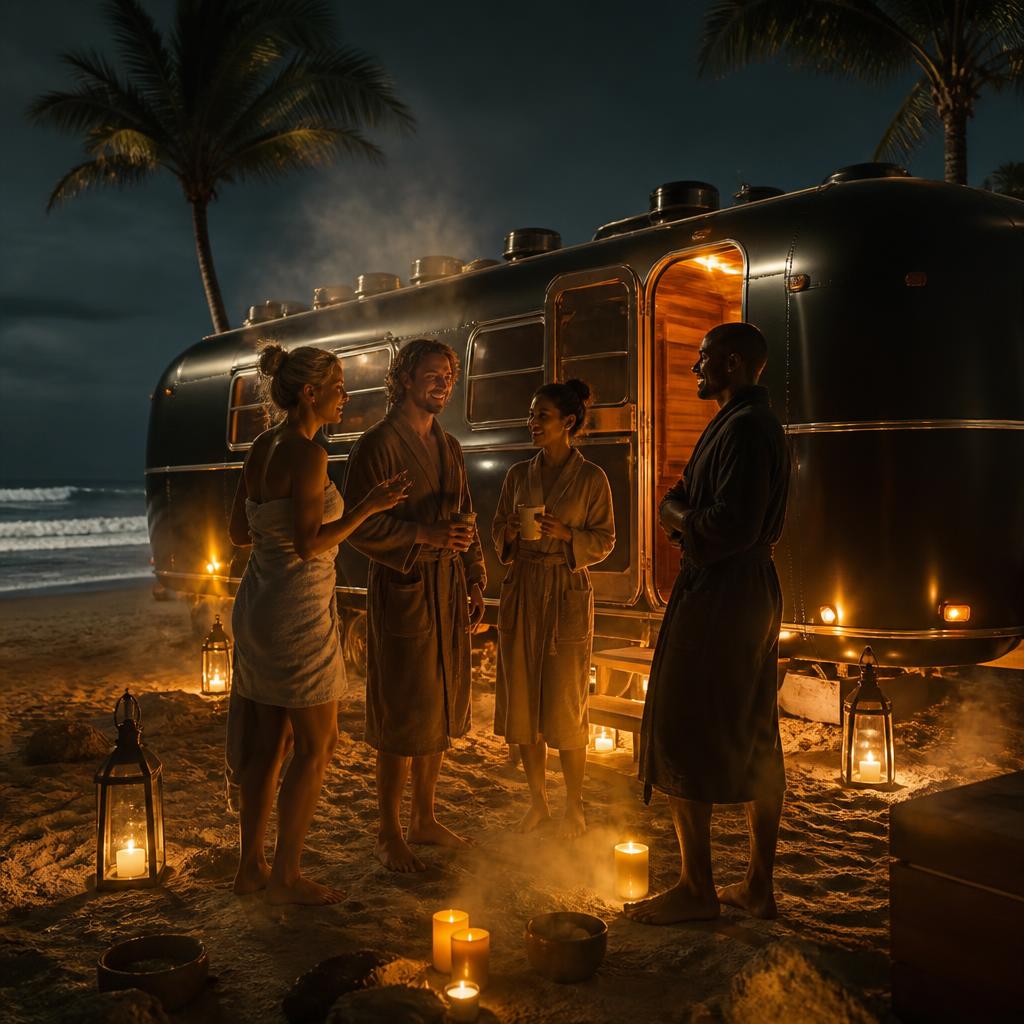 A group gathered outside a mobile sauna at night
